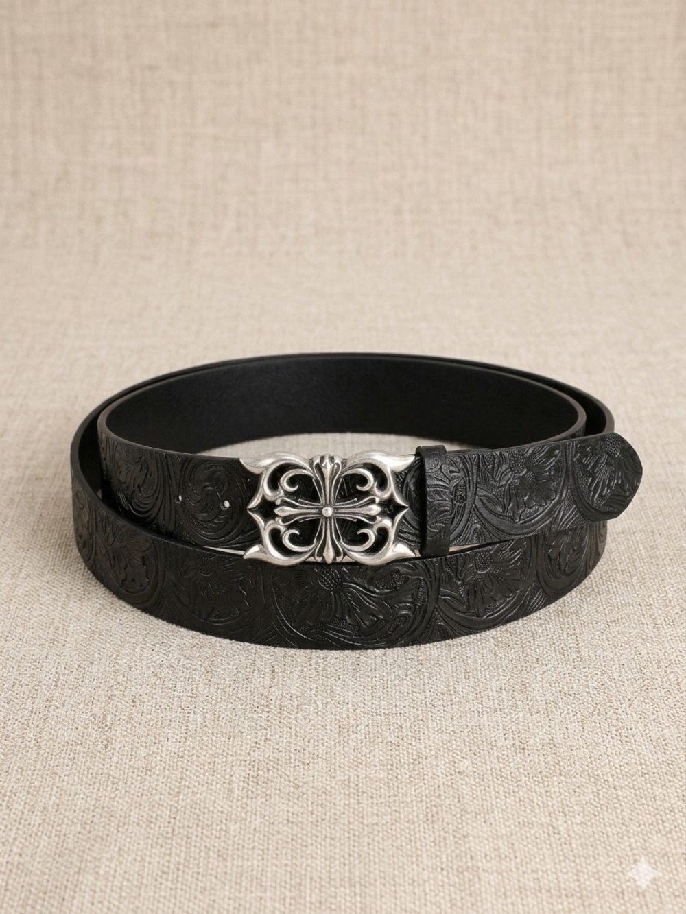 Gothic Silver Buckle Black Faux Leather Textured Belt Adjustable 47 Inches